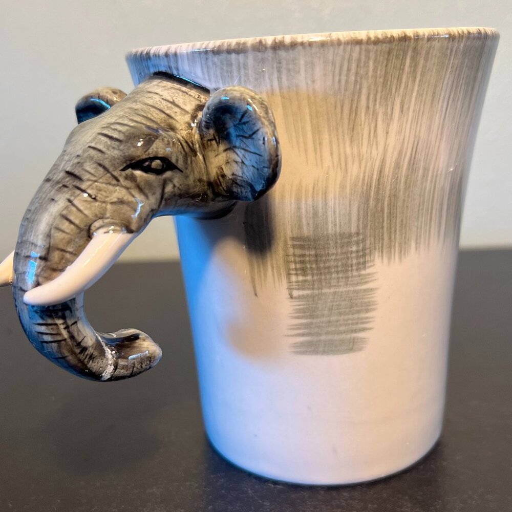 PIER 1 IMPORTS 3-D Hand Painted Stoneware Elephant Mug Cup Elephant Head Handle
